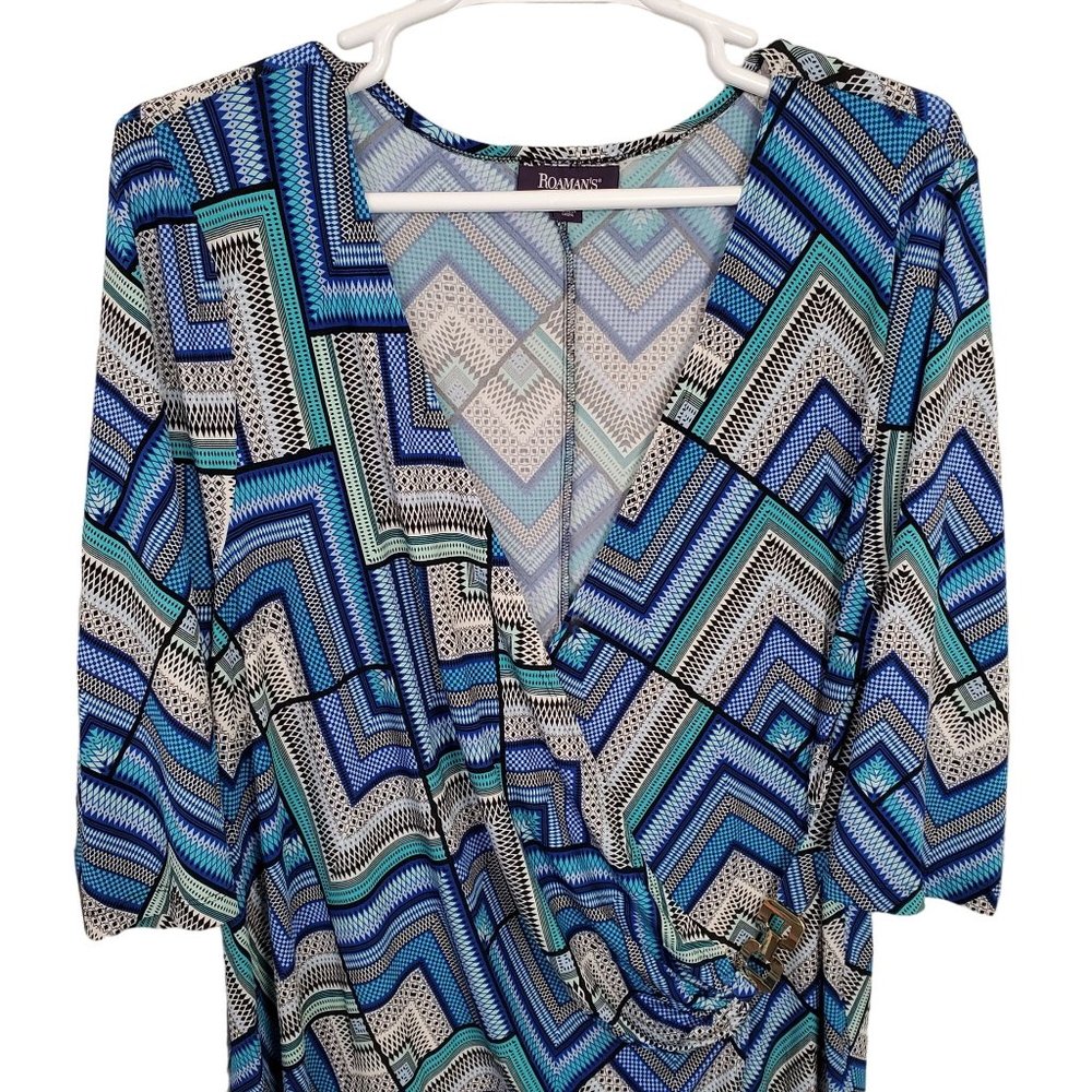 Roaman's Plus Size 24W Dress Geometric Tile Stretch Faux Wrap Pullover Midi Blue - Picture 3 of 12